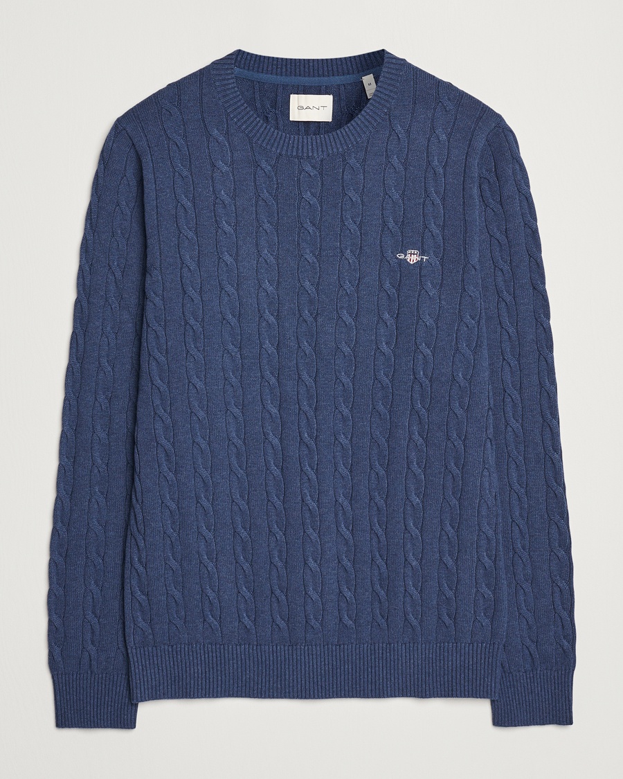 Herre | GANT | GANT Cotton Cable Crew Neck Dark Jeans Blue Melange