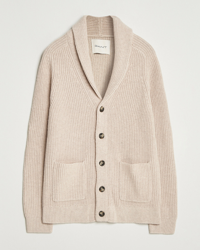 Herre | GANT | GANT Wool Knitted Shawl Collar Cardigan Light Beige Melange