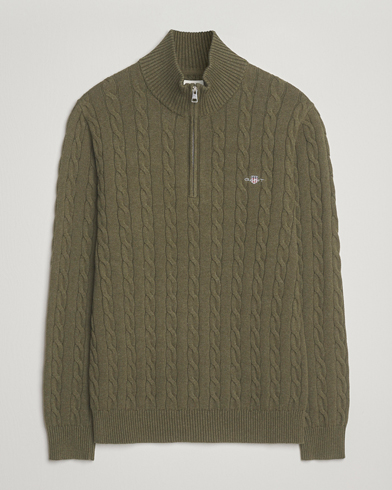 Herre | GANT | GANT Cotton Cable Half Zip Khaki Green Melange
