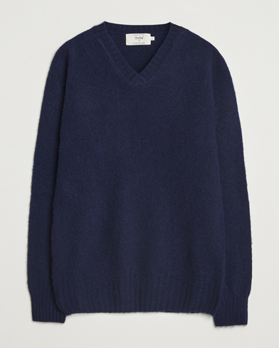 Herre | Harley Of Scotland | Harley Of Scotland Brushed Supersoft Lambswool V-Neck Navy