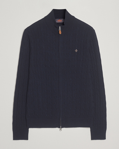 Herre | Morris | Morris Merino Cable Zip Cardigan Navy
