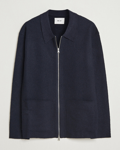 NN07 Jonas Boiled Wool Full Zip Navy Blue – Blå
