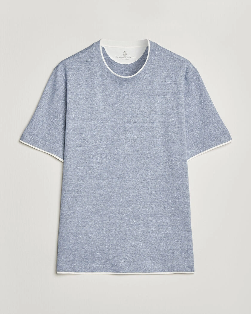 Brunello Cucinelli Double Collar Linen T-Shirt Light Blue – Blå