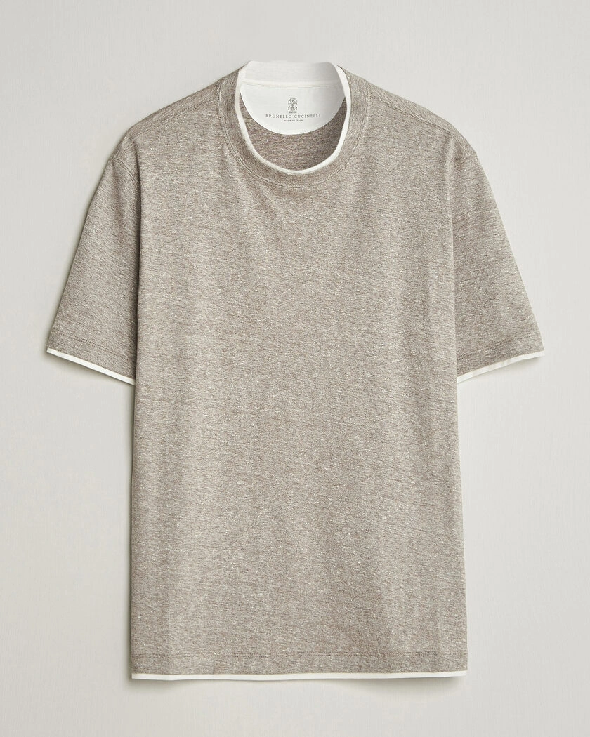 Brunello Cucinelli Double Collar Linen T-Shirt Brown – Brun