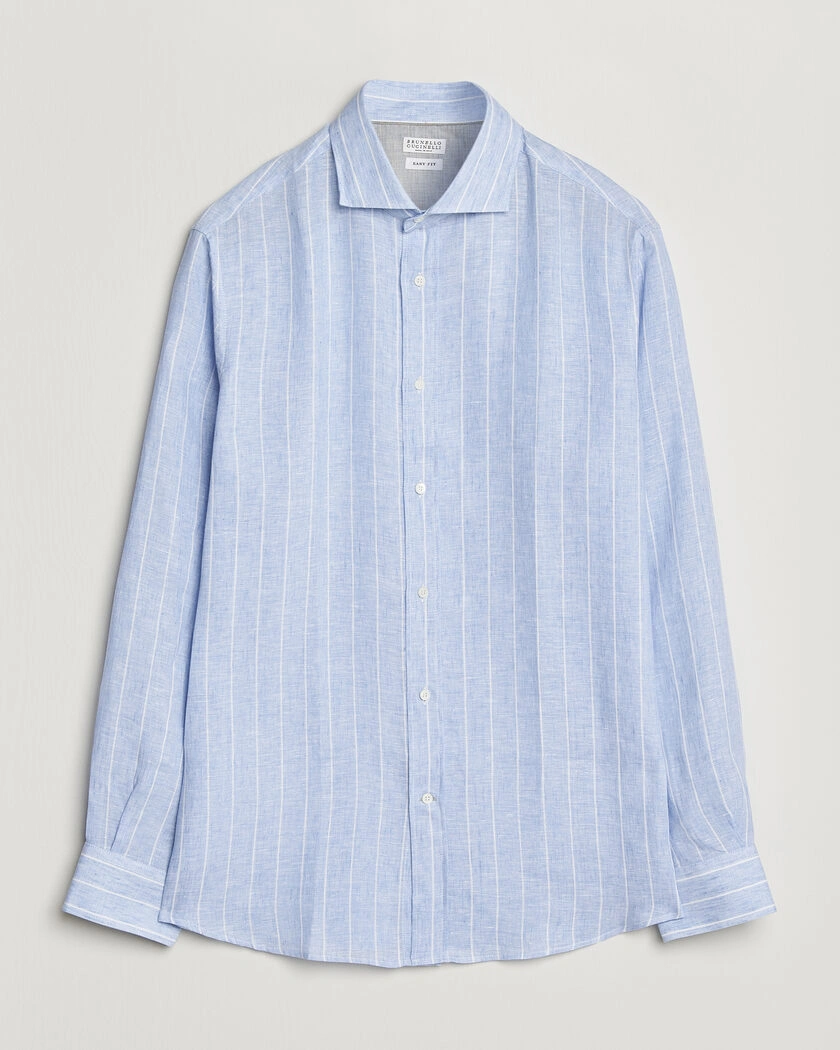 Brunello Cucinelli Easy Fit Linen Shirt Light Blue Stripe – Blå