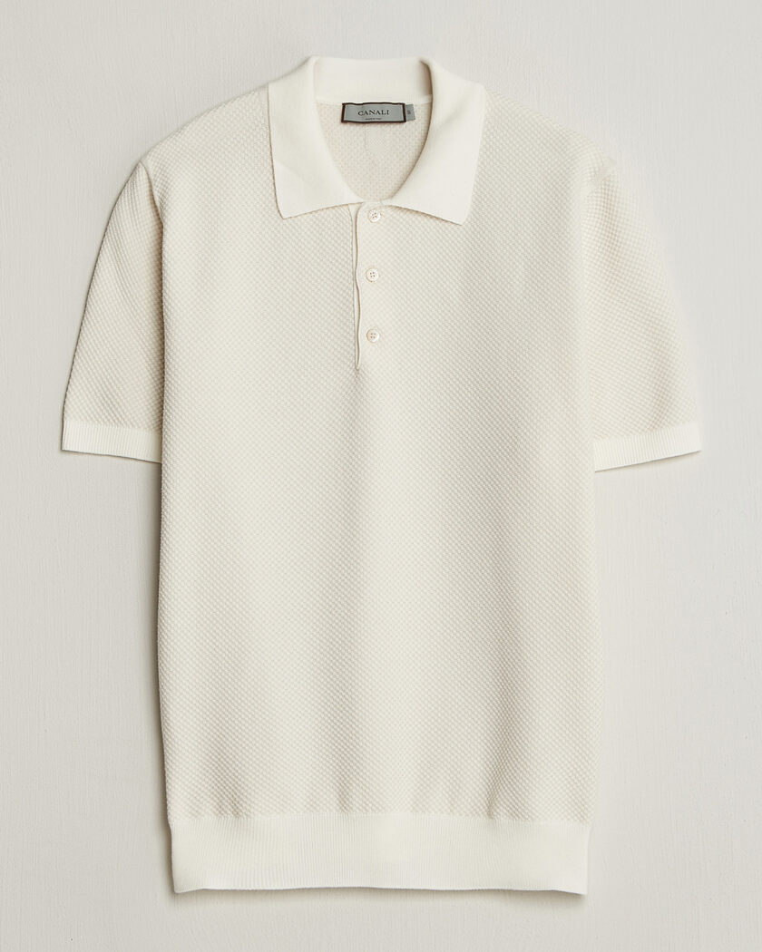 Canali Textured Knit Short Sleeve Polo Off White – Hvit