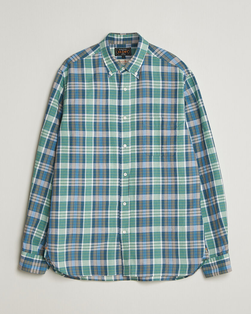 BEAMS PLUS Madras Button Down Shirt Blue – Blå