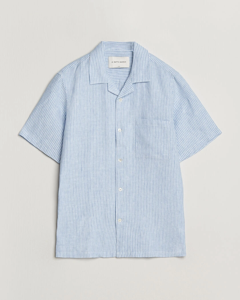 A Day's March Yamu Striped Linen Short Sleeve Shirt Light Blue – Blå