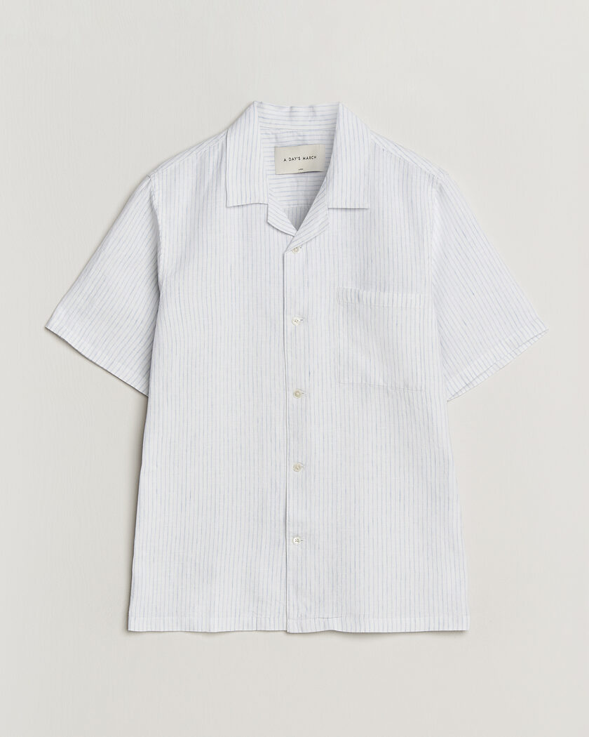 A Day's March Yamu Striped Linen Short Sleeve Shirt White – Hvit