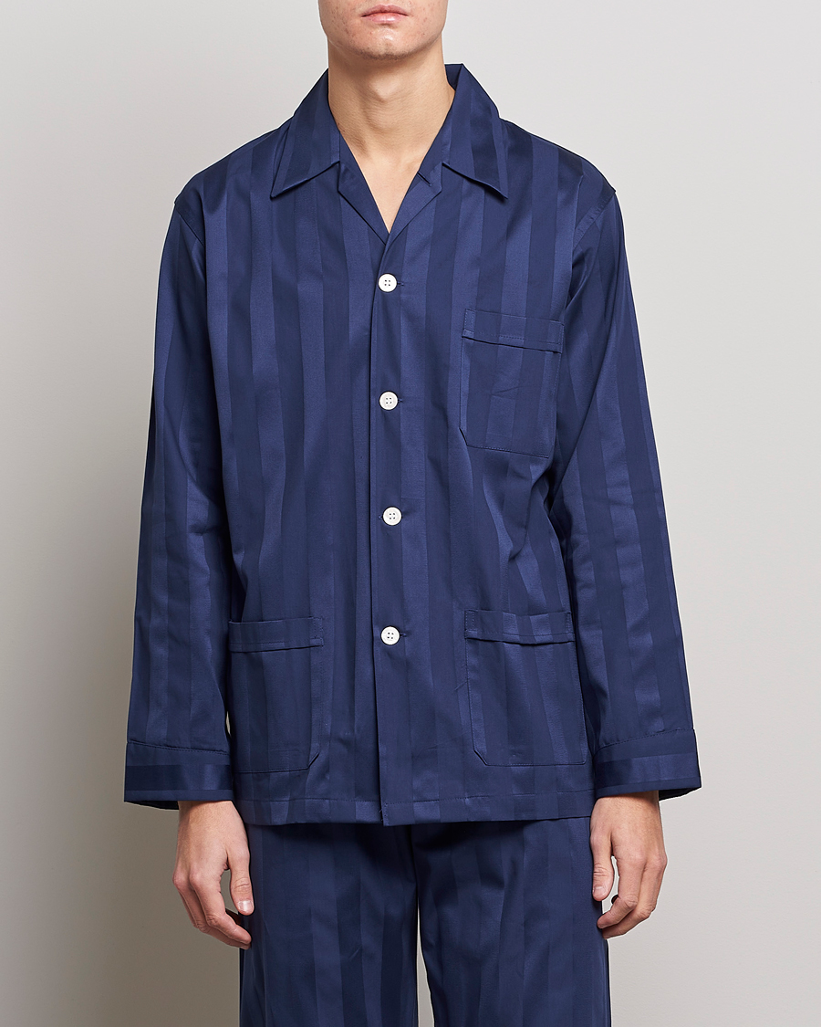 Herre | Gaver | Derek Rose | Striped Cotton Satin Pyjama Set Navy