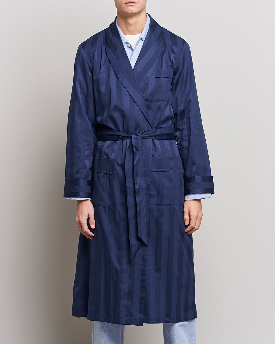 Herre | Klær | Derek Rose | Striped Cotton Satin Dressing Gown Navy/Navy