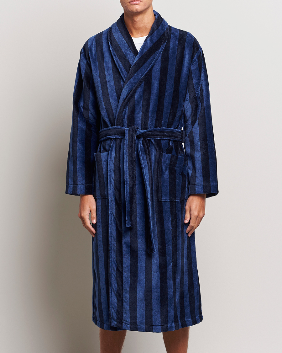 Herre | Klær | Derek Rose | Cotton Velour Striped Gown Navy/Blue