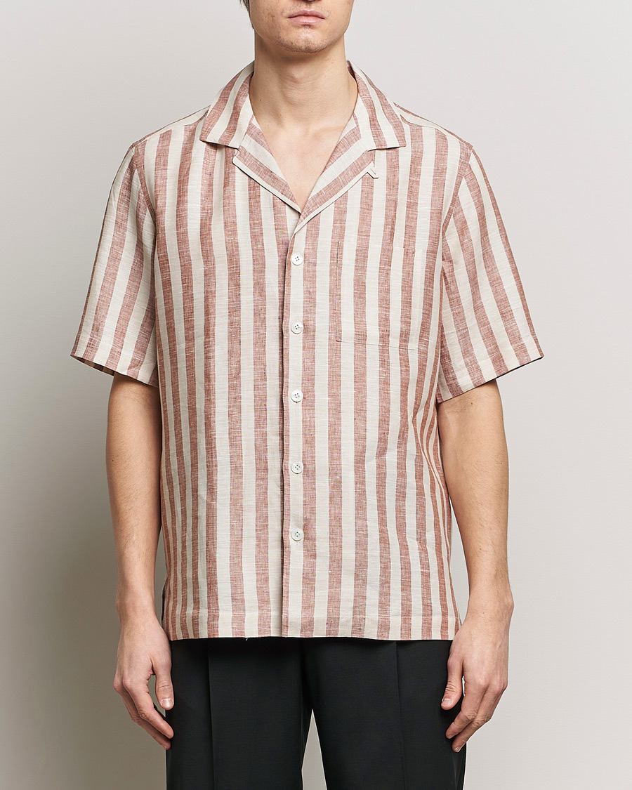 Herre | Lojalitetstilbud | Lardini | Striped Short Sleeve Linen Shirt Beige/Red