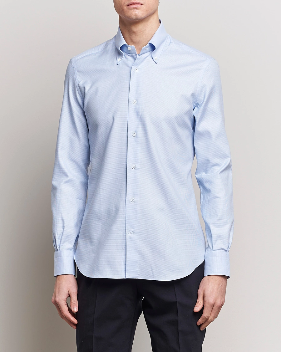 Herre | Mazzarelli | Mazzarelli | Soft Cotton Texture Button Down Shirt Light Blue