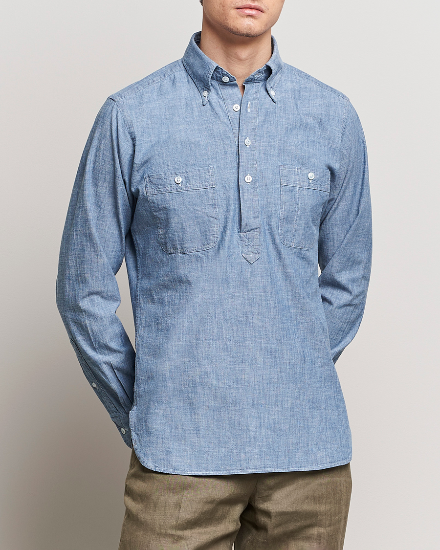 Herre | Preppy Authentic | Drake's | Chambray Popover Work Shirt Blue