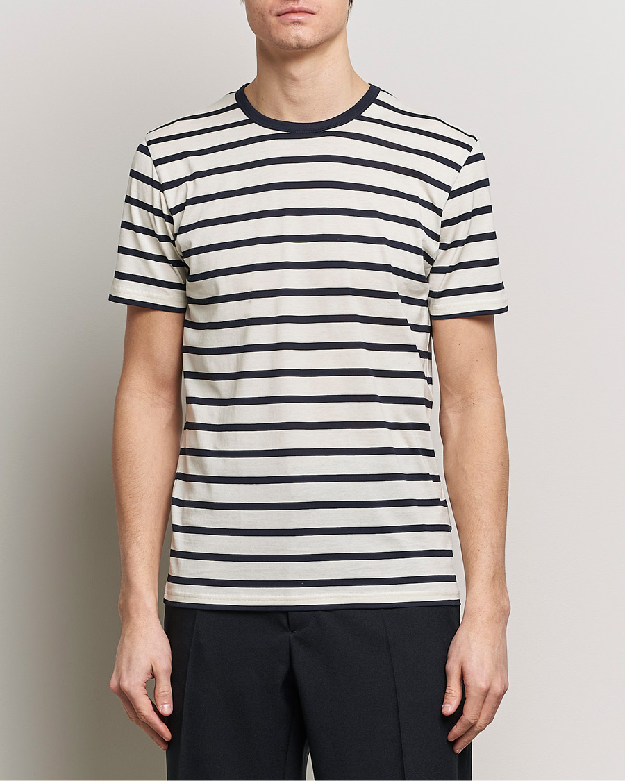 Herre | Kortermede t-shirts | Sunspel | Striped Crew Neck Cotton Tee Ecru/Navy