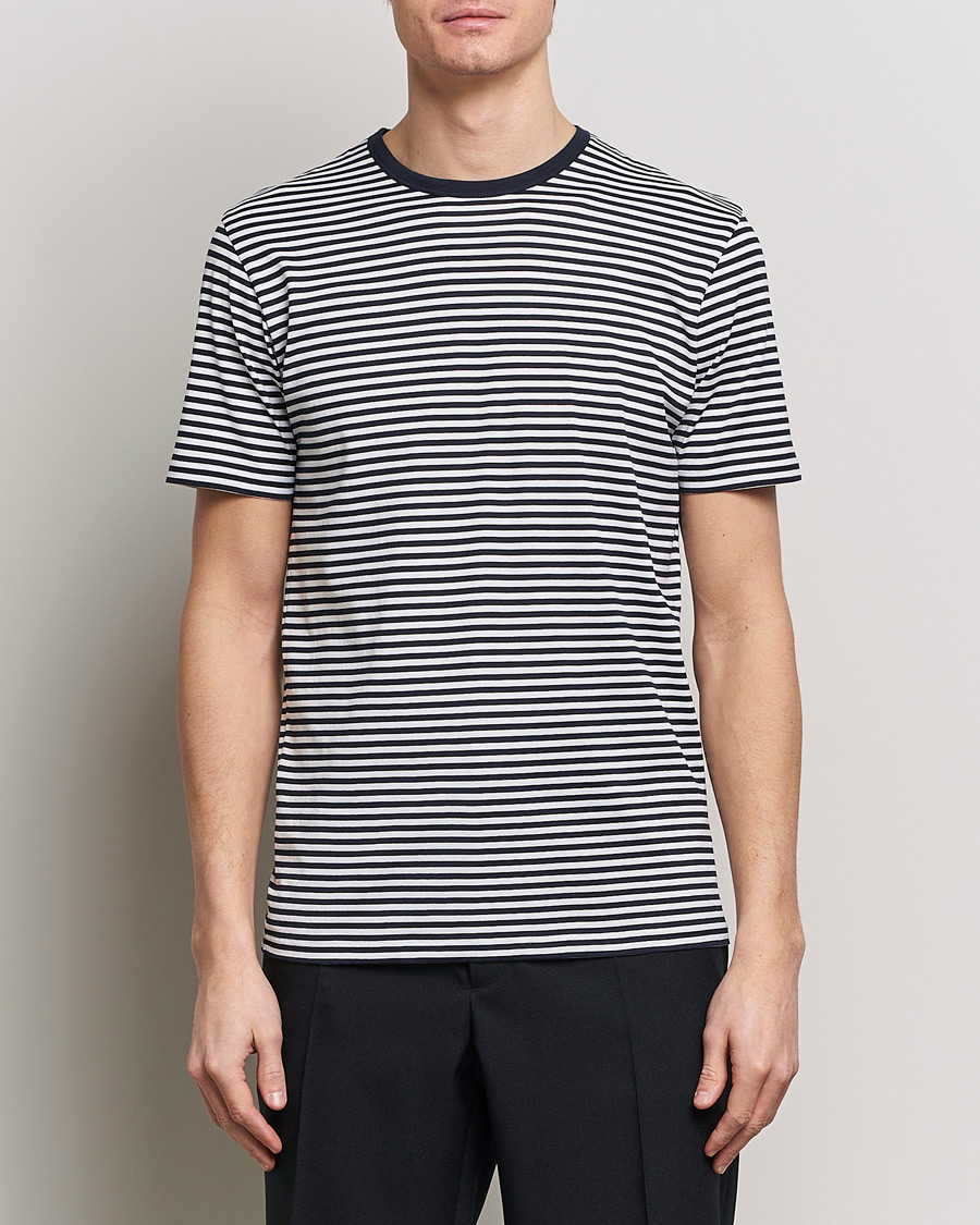 Herre | Kortermede t-shirts | Sunspel | Striped Crew Neck Cotton Tee White/Navy