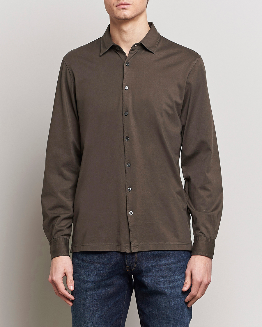 Herre | Gran Sasso | Gran Sasso | Washed Cotton Jersey Shirt Dark Brown