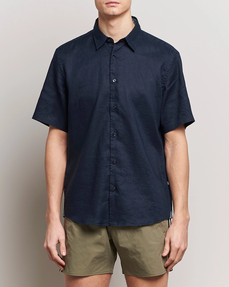 Herre | Klær | BOSS BLACK | Liam Short Sleeve Linen Shirt Dark Blue