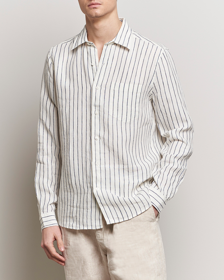 Herr | A Day's March | A Day\'s March | Abu Striped Linen Shirt White/Navy