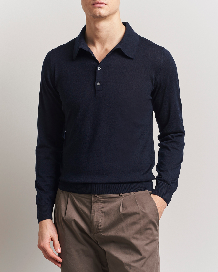 Herre | Gensere | Piacenza Cashmere | Merino Wool Long Sleeve Polo Navy