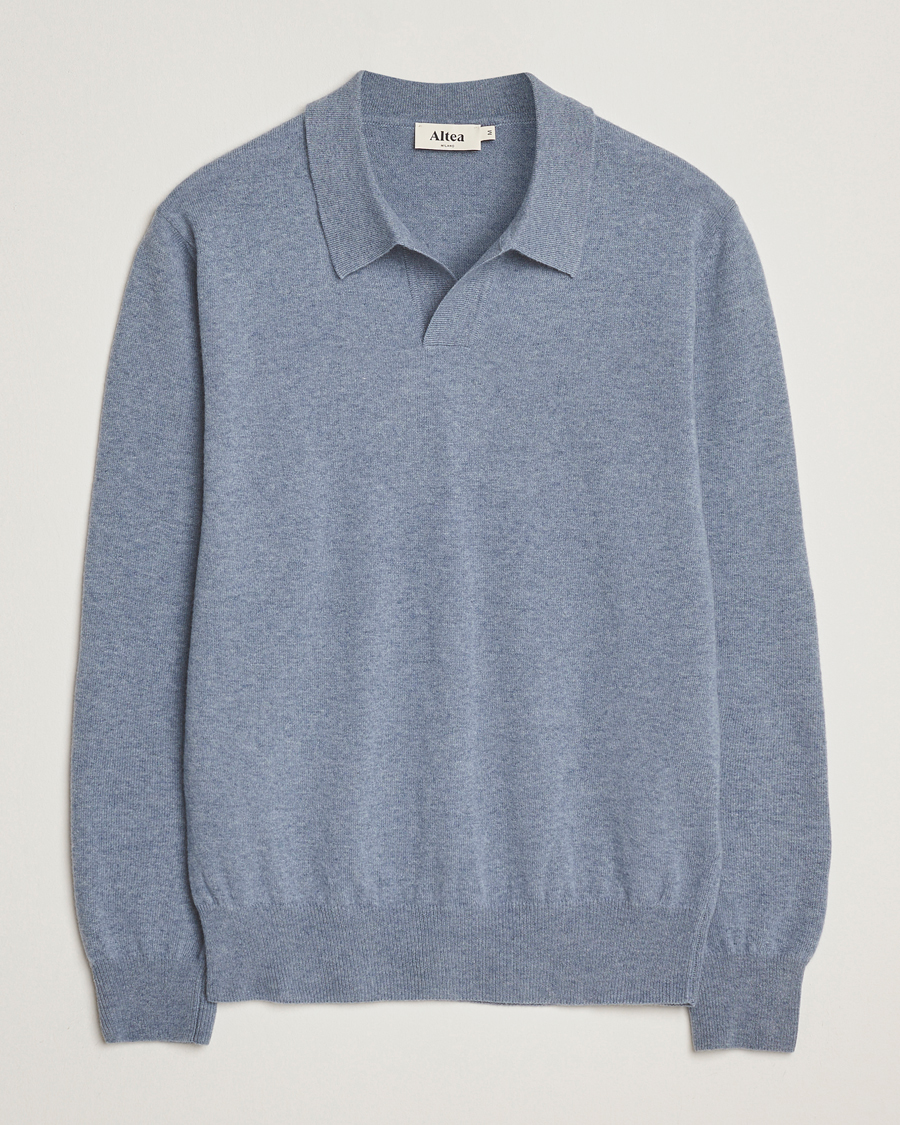Herre | Gensere | Altea | Long Sleeve Knitted Wool Polo Blue Melange