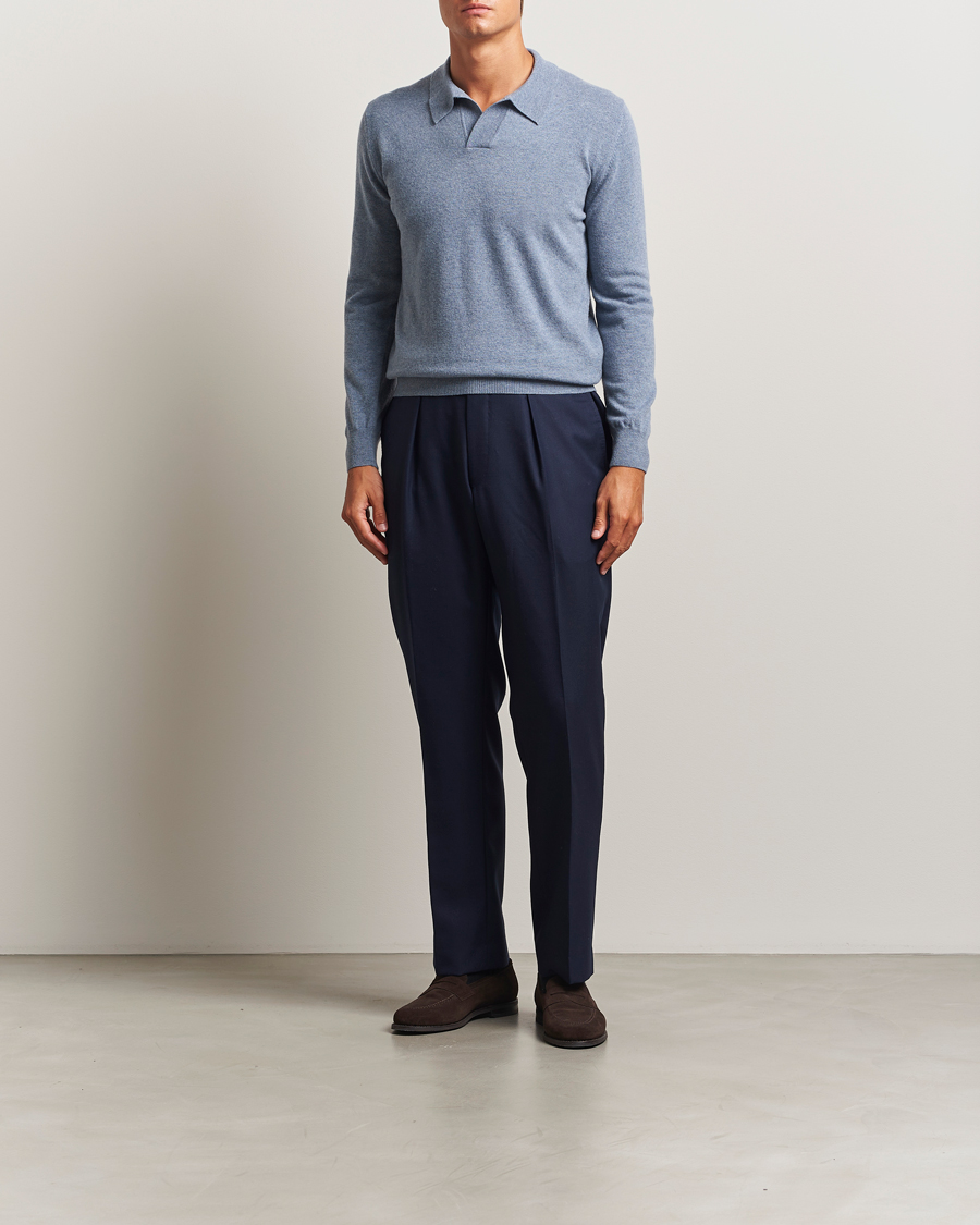 Herre | Gensere | Altea | Long Sleeve Knitted Wool Polo Blue Melange