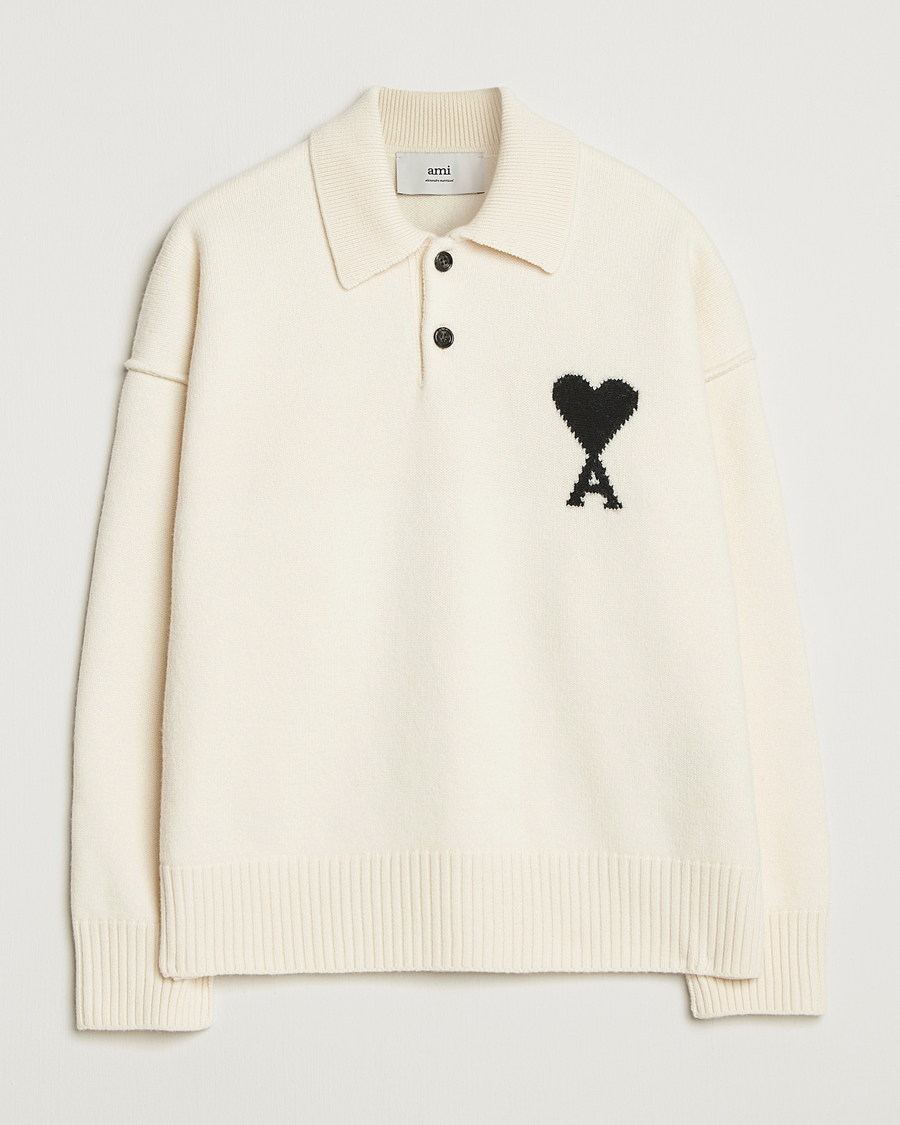 Herre | Gensere | AMI | Big Heart Logo Wool Knitted Polo Ecru