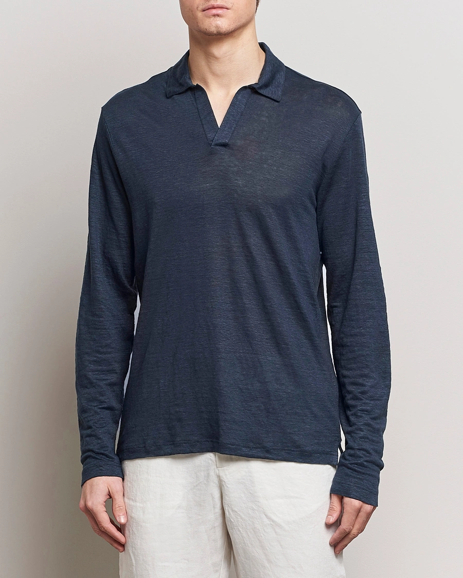 Herre | Italian Department | Gran Sasso | Washed Linen Long Sleeve Polo Navy
