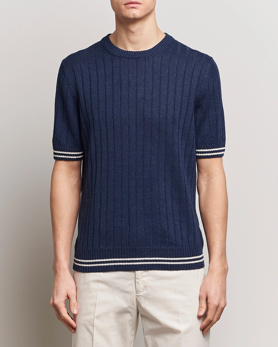 Herre | Kortermede t-shirts | Gran Sasso | Linen/Cotton Structured T-Shirt Navy