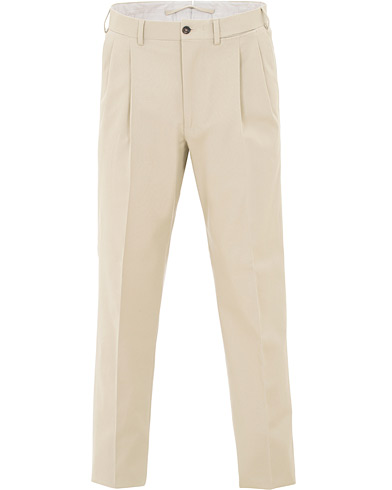  Anton Long Double Pleated Cotton Trousers Beige