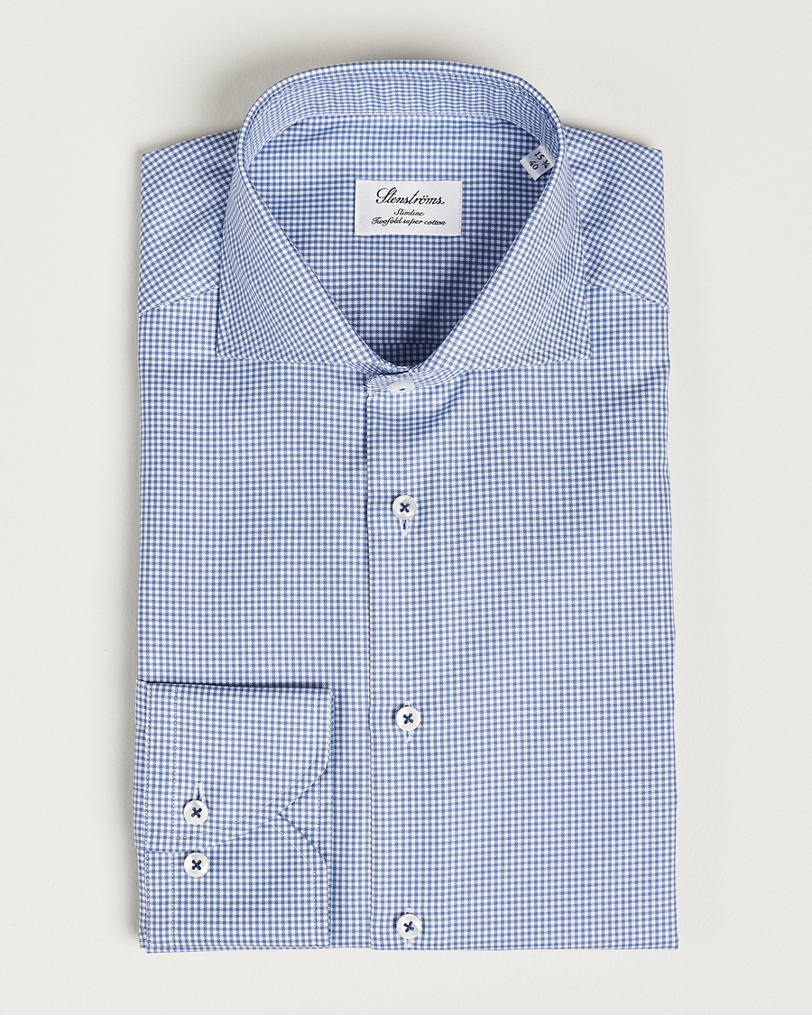 Herre | | Stenströms | Slimline Small Check Cut Away Shirt Blue
