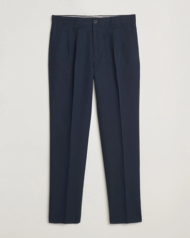  Tapered Fit Pleated Linen Slacks Navy