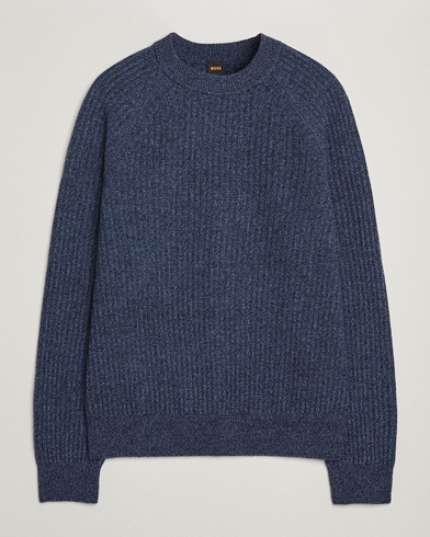 BOSS ORANGE Klacier Ribbed Wool Knitted Sweater Open Blue – Blå