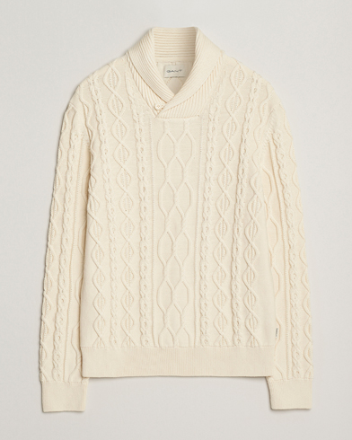 GANT Cable Shawl Collar Knitted Sweater Cream – Hvit