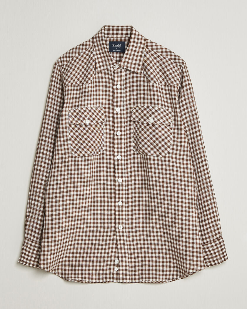 Drake's Linen Gingham Western Shirt Brown/White – Brun