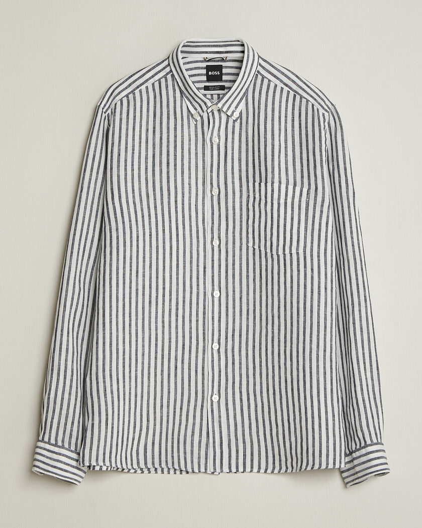 BOSS BLACK Liam Striped Linen Shirt Dark Blue – Blå