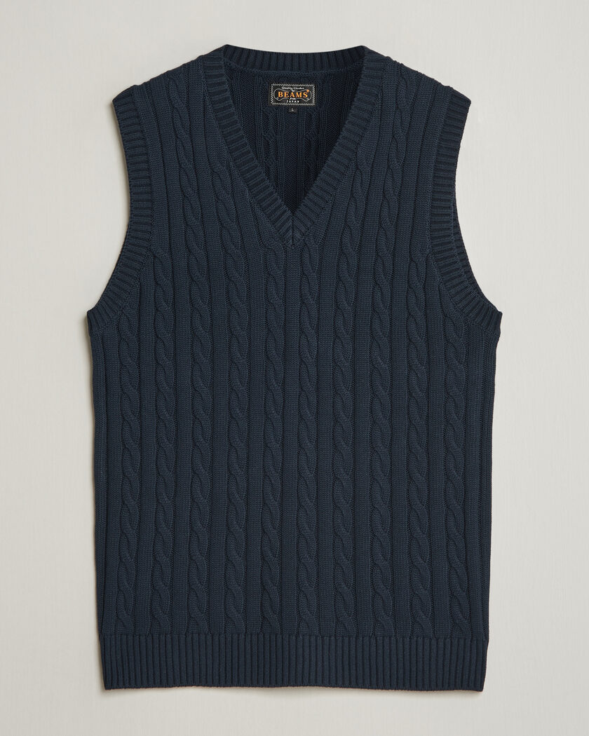 BEAMS PLUS Cable Knit Vest Navy – Blå