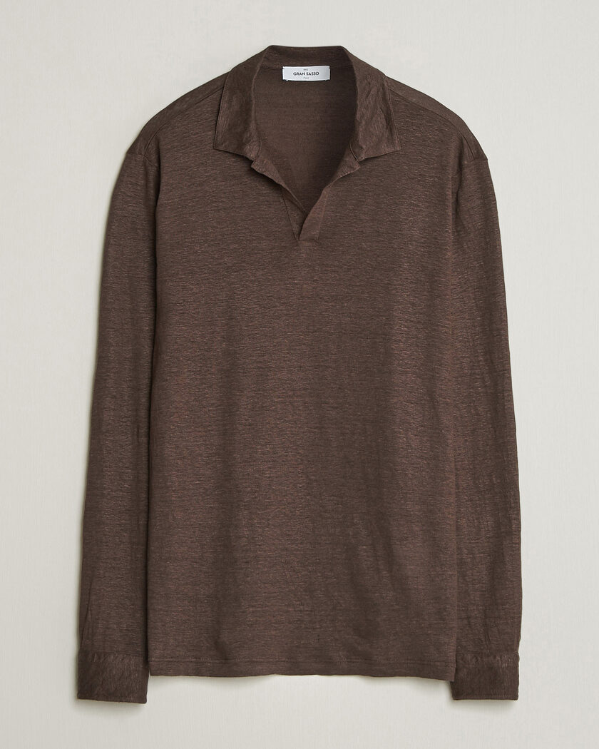 Gran Sasso Washed Linen Long Sleeve Polo Brown Melange – Brun