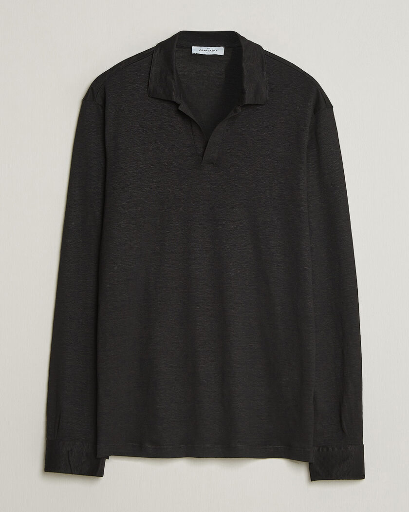 Gran Sasso Washed Linen Long Sleeve Polo Black – Svart