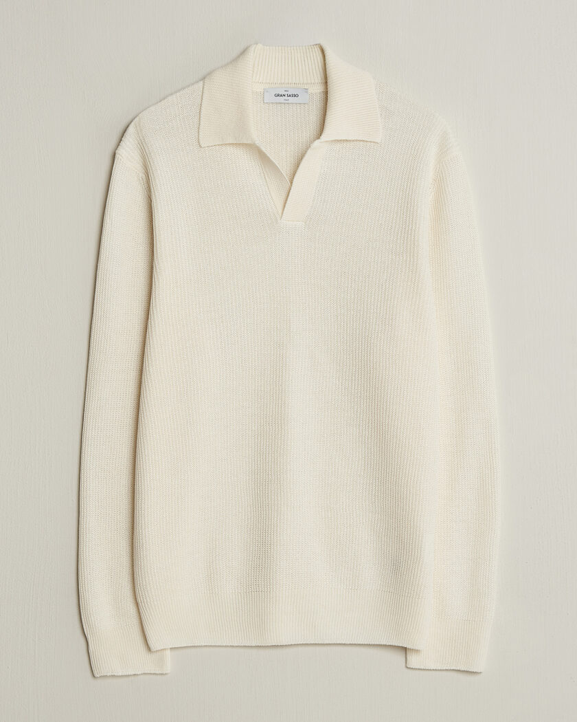 Gran Sasso Linen/Cotton Open Collar Knitted Polo Cream – Hvit