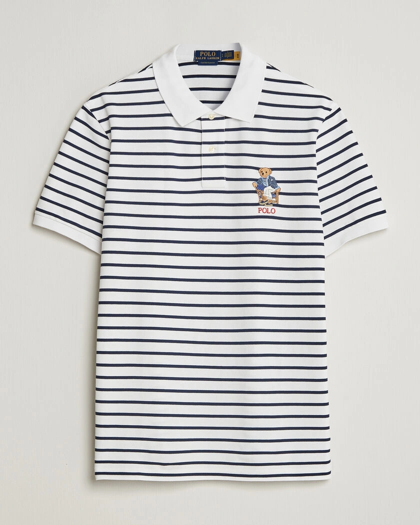 Polo Ralph Lauren Newport Bear Striped Custom Slim Polo White/Navy – Blå