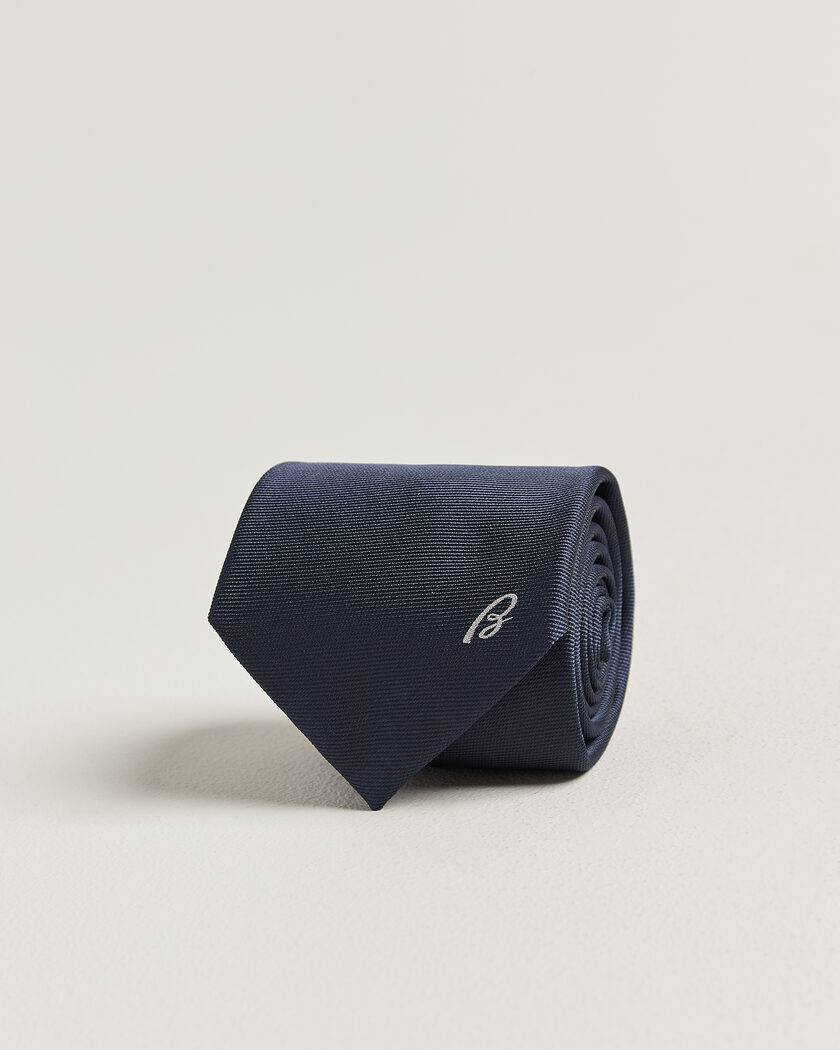 Brioni Embroidered Logo Silk Tie Navy – Blå