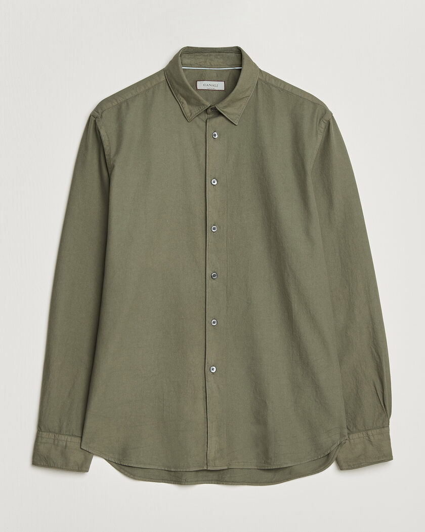 Canali Garment Dyed Cotton Shirt Olive – Grønn