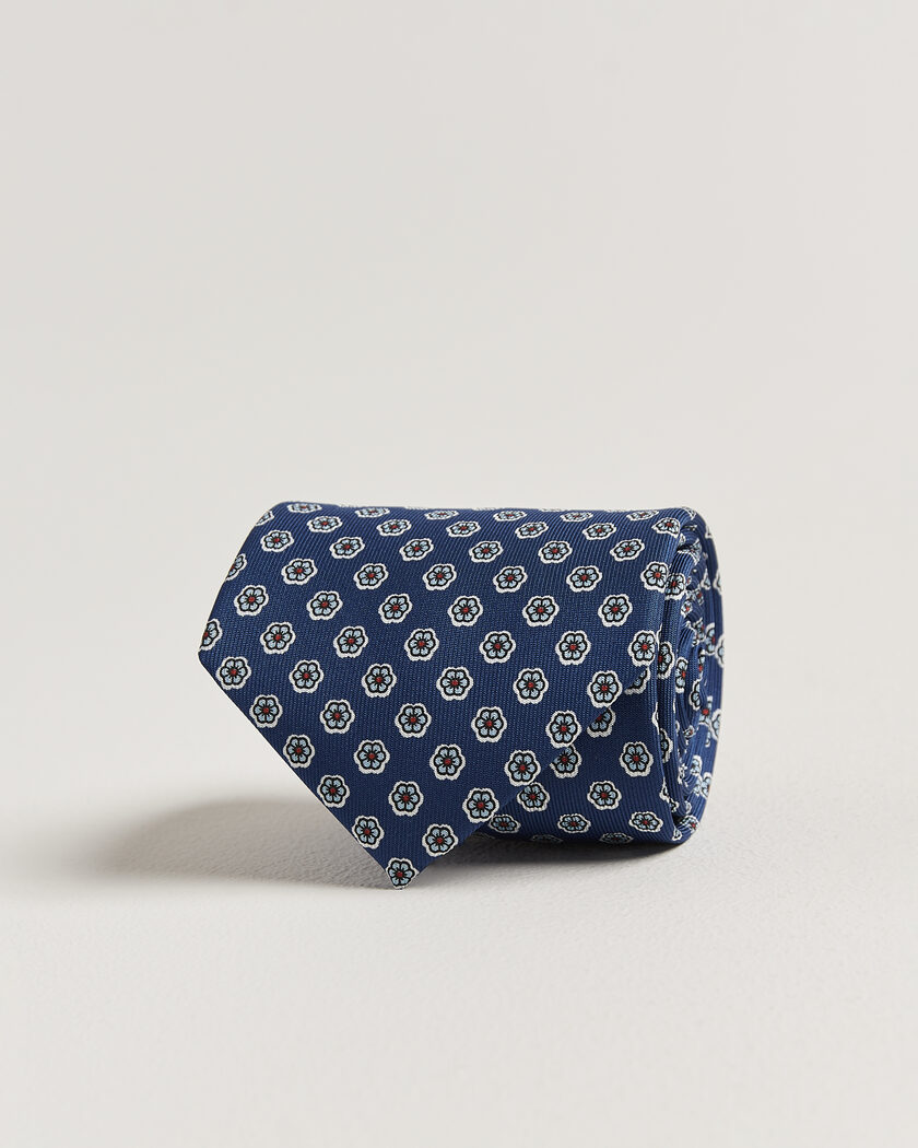 E. Marinella 3-Fold Printed Silk Tie Dark Blue – Blå