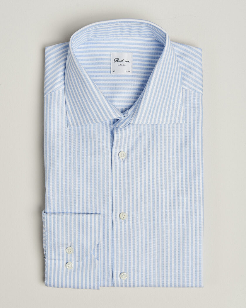 Stenströms Slimline Twofold Cotton Stripe Shirt Light Blue – Blå