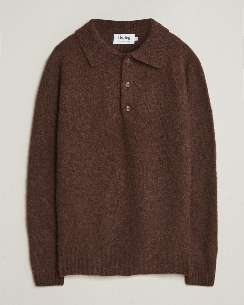 Harley Of Scotland Brushed Supersoft Lambswool Polo Marron – Brun