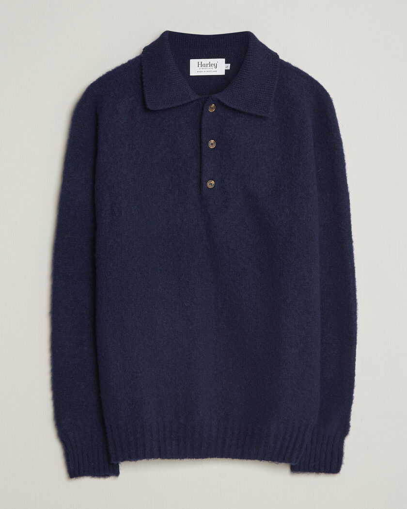 Harley Of Scotland Brushed Supersoft Lambswool Polo Navy – Blå