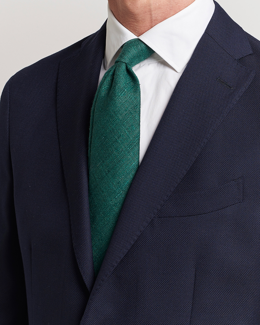 Herre | Drake's | Drake\'s | Silk Tussah Handrolled Tie Green