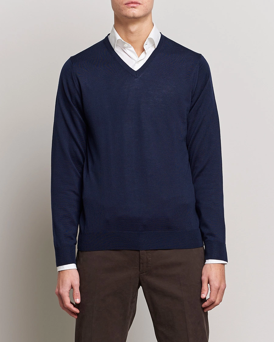 Herre | Pullovers v-hals | Stenströms | Merino V-Neck Navy